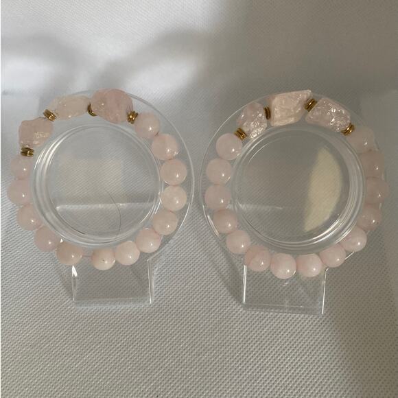 Vintage Rose Quartz Bracelet Set Stretch Elastic Pink Stone Beads Boho Luxe Glam - Picture 4 of 16